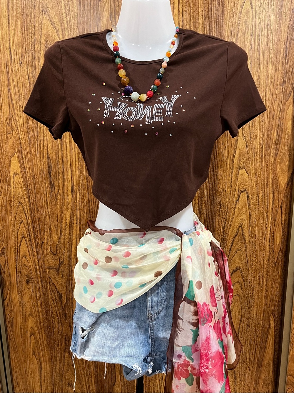 Y2K “Honey” Asymmetrical Brown Crop Top with Rhinestones